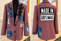 Front and back of a pink, black, and white plaid blazer with denim accents, black flowers, faith patches, and Made in God’s Image back design.