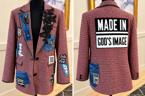 Front and back of a pink, black, and white plaid blazer with denim accents, black flowers, faith patches, and Made in God’s Image back design.
