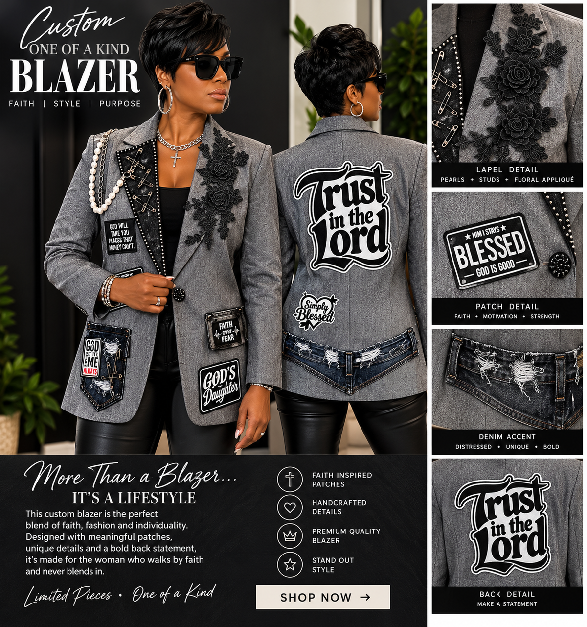 Trust in the Lord Embellished Gray Blazer