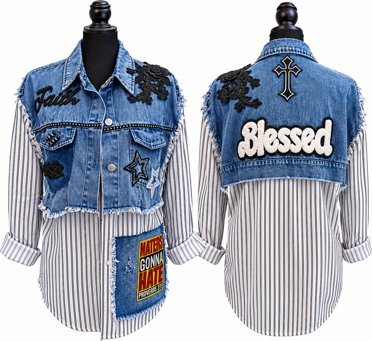 Blessed Faith Denim & Pinstripe Statement Shirt