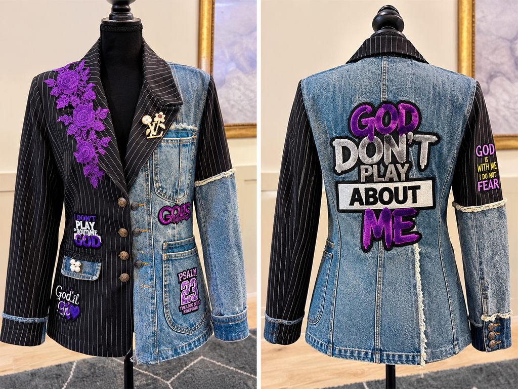 Front and back of a denim and black pinstripe blazer with purple floral accents and faith-inspired patches