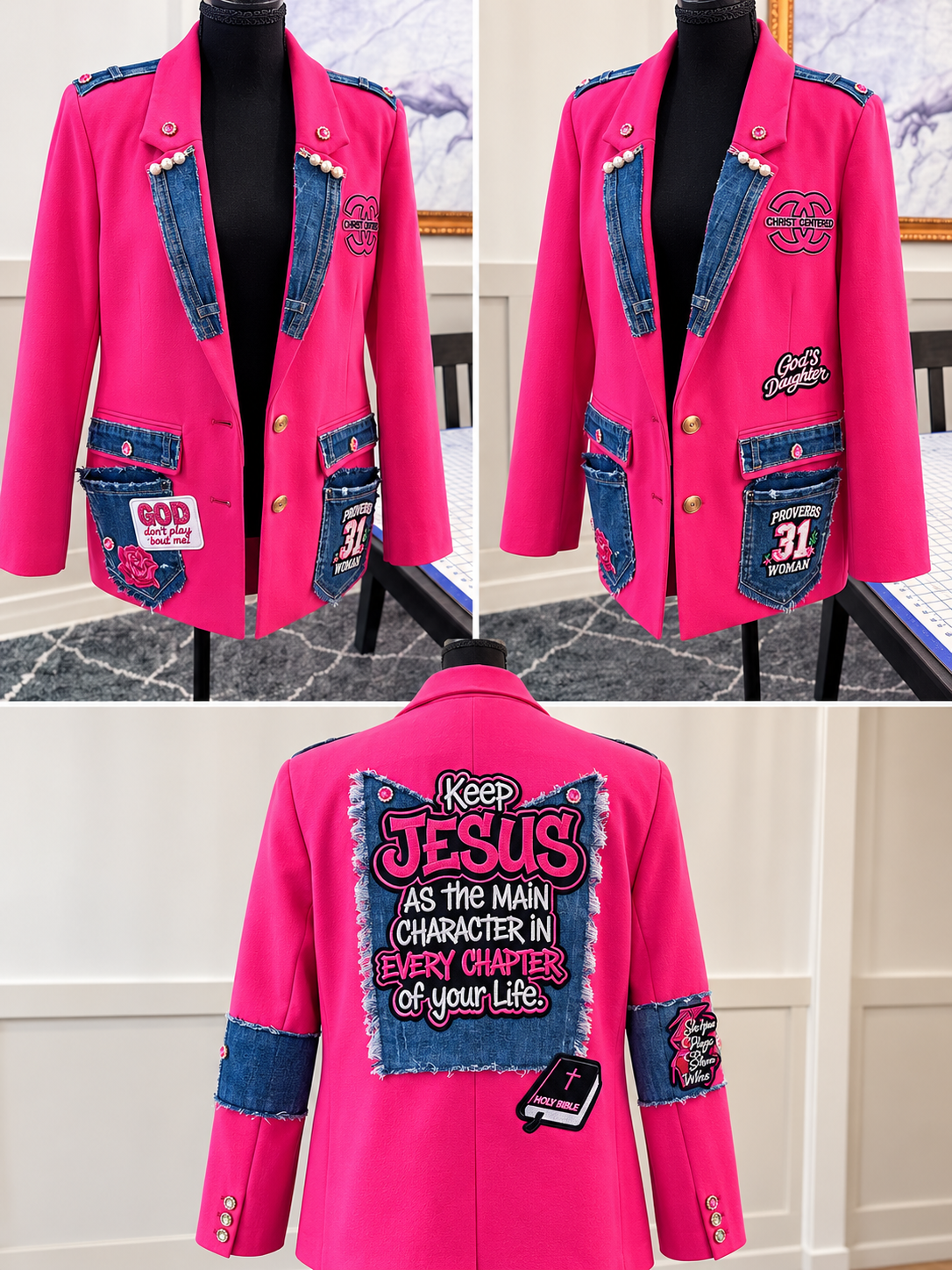 Keep Jesus Hot Pink Denim-Accent Blazer