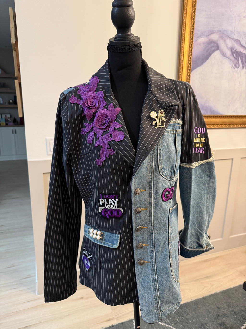 Faith Statement Denim & Pinstripe Blazer – Large