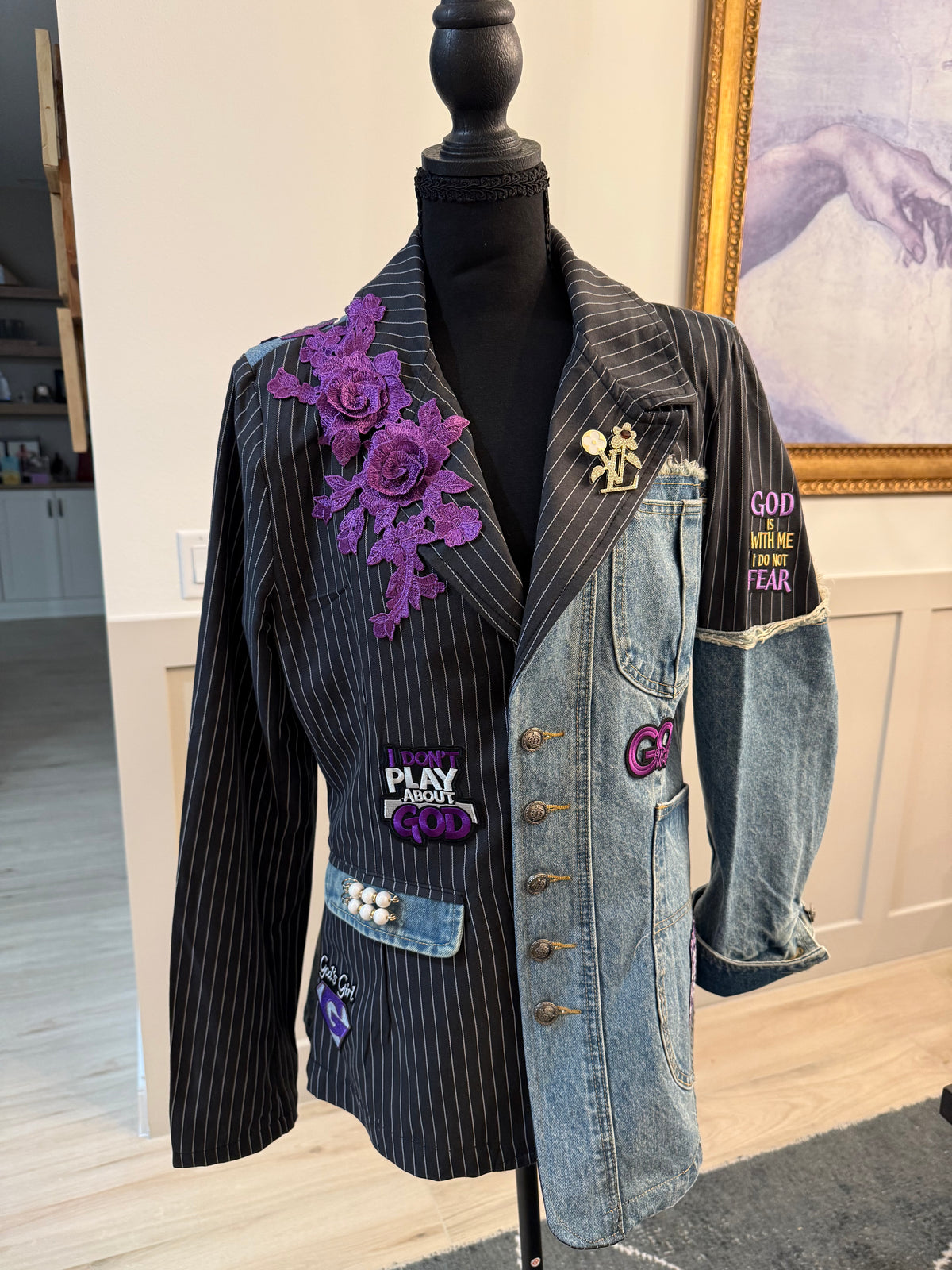 Faith Statement Denim & Pinstripe Blazer – Large