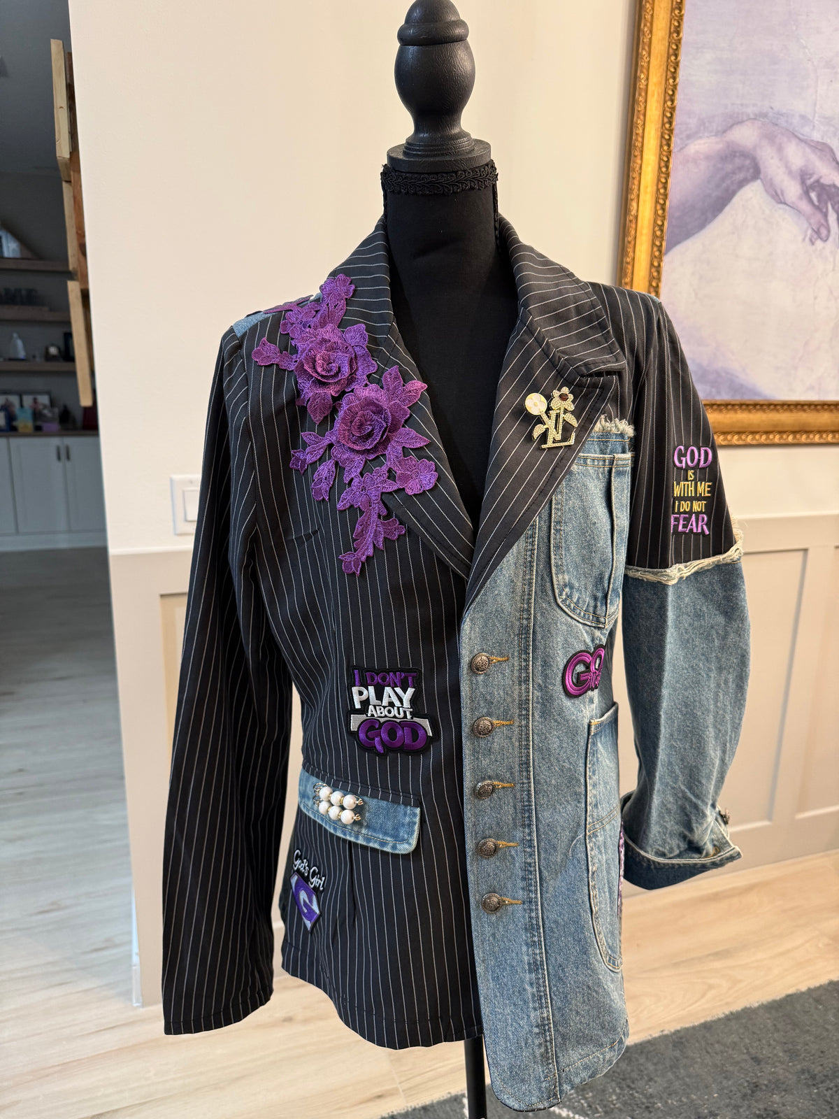 Faith Statement Denim & Pinstripe Blazer – Large