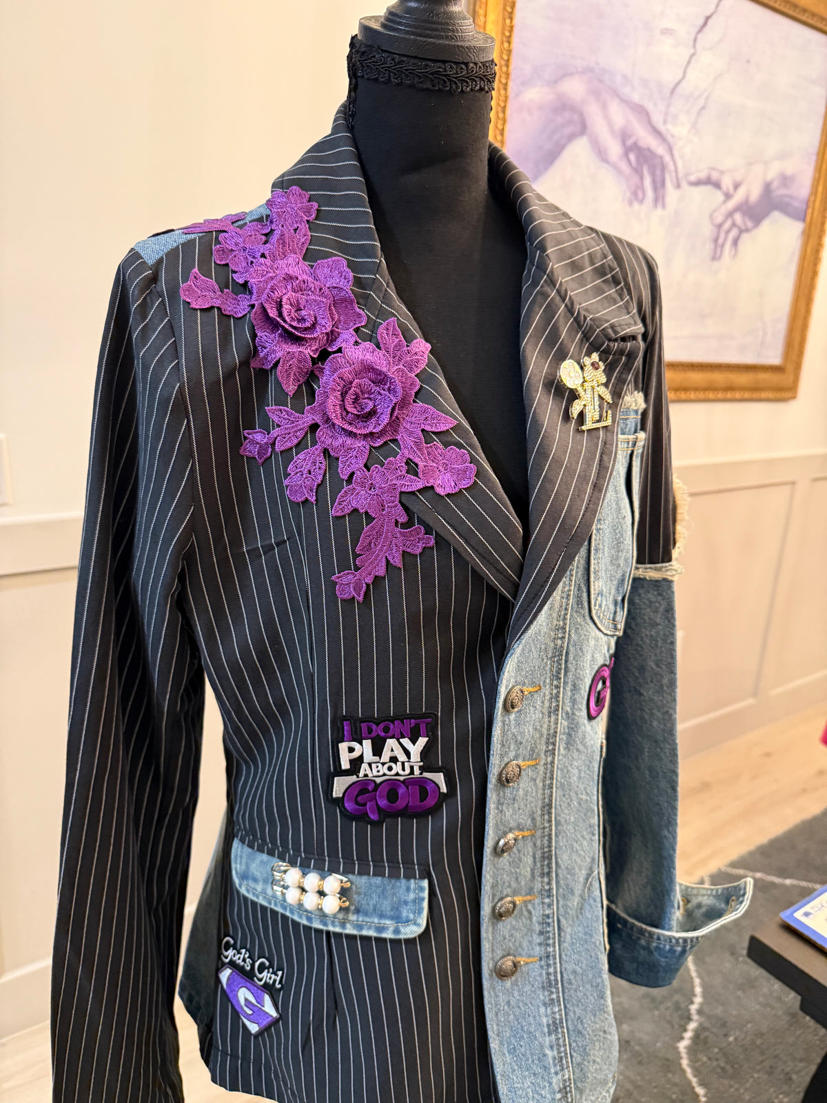 Faith Statement Denim & Pinstripe Blazer – Large