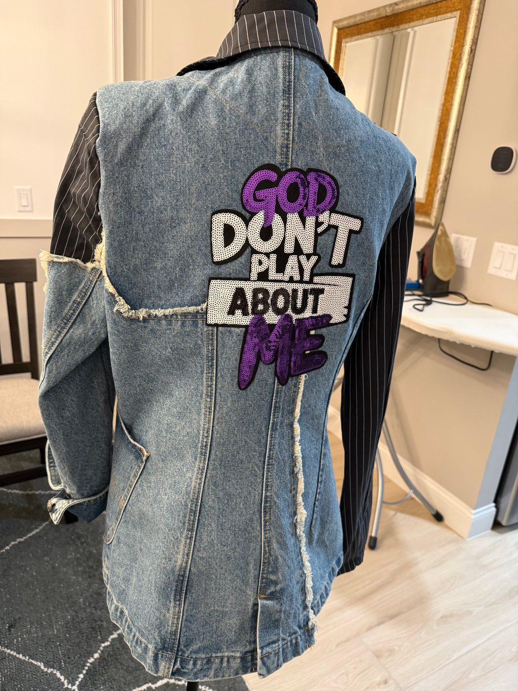 Faith Statement Denim & Pinstripe Blazer – Large