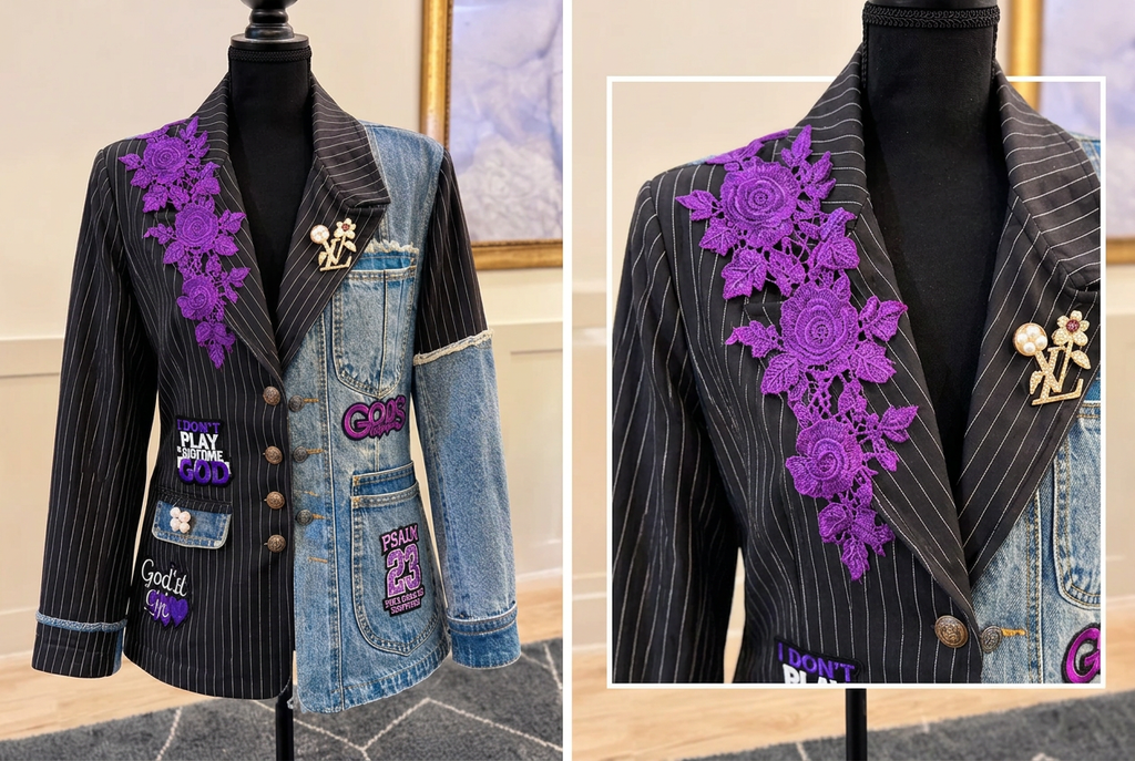 AI-generated preview of Faith Statement blazer with front silhouette and purple floral detail