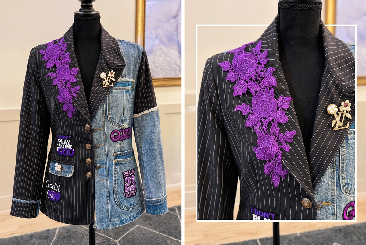 AI-generated preview of Faith Statement blazer with front silhouette and purple floral detail