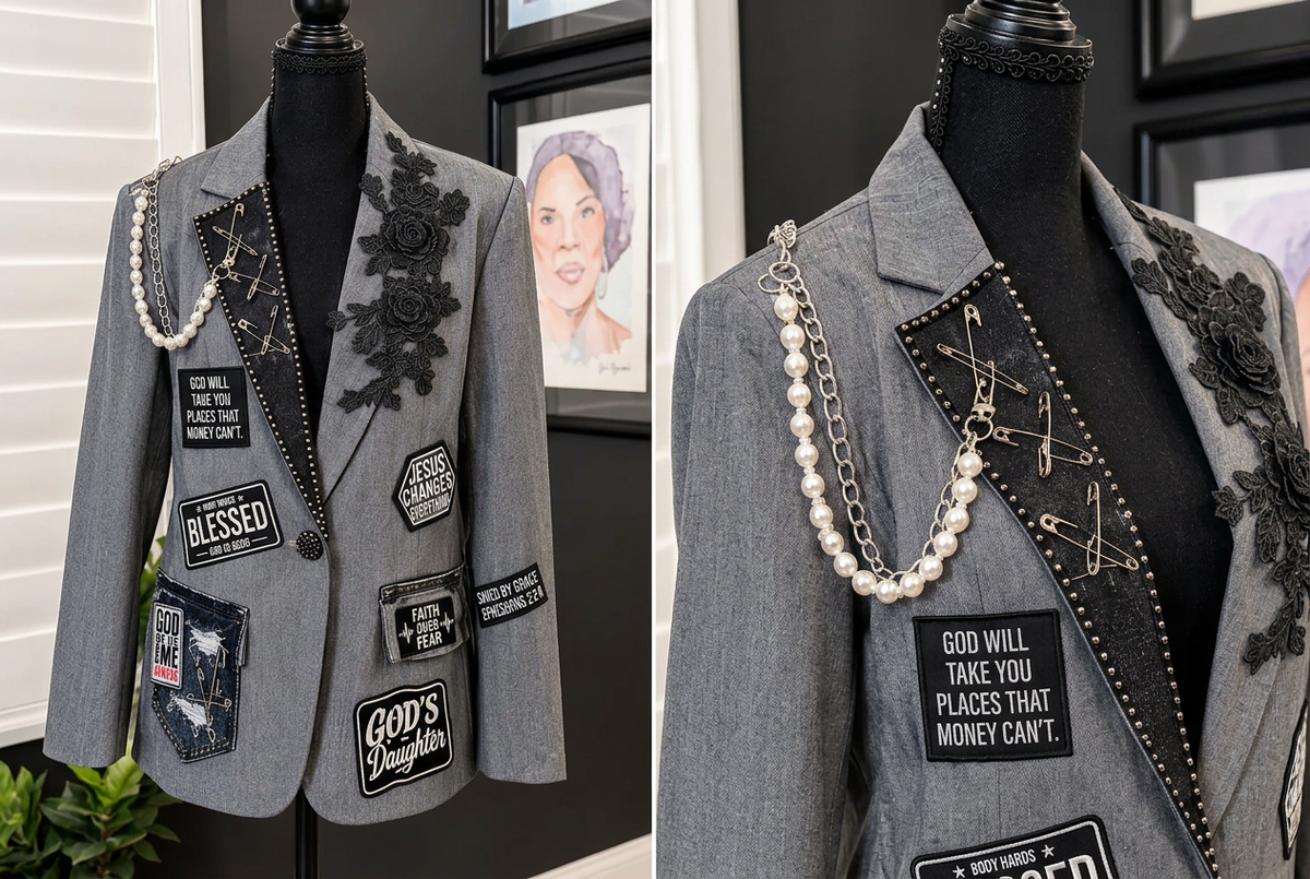 AI-generated preview of gray Trust in the Lord blazer with dress-form silhouette and lapel draping detail