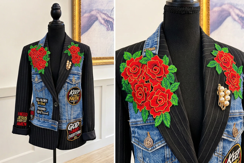 AI-generated preview of Psalm 23 blazer with dress-form silhouette and red rose lapel detail
