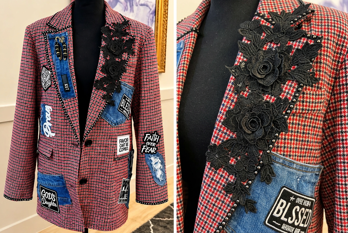 AI-generated preview of Made in God's Image plaid blazer with dress-form silhouette and floral lapel detail
